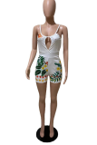 Blue Sexy Print Hollowed Out Halter Skinny Rompers