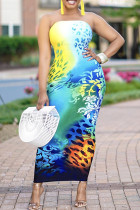 Blue Fashion Sexy Print Backless Strapless Sleeveless Dress