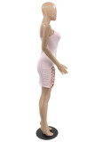 Pink Fashion Sexy Solid Hollowed Out Backless Spaghetti Strap Sleeveless Dress Dresses