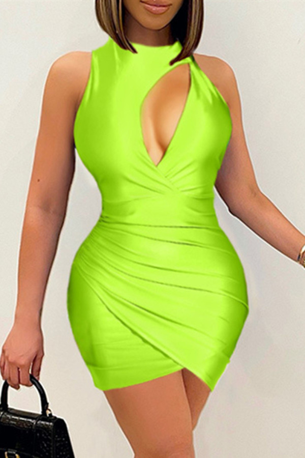 Fluorescent Green Fashion Sexy Solid Hollowed Out O Neck Sleeveless Dress