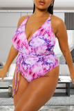 Purple Fashion Sexy Print Backless Swimwears