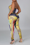Yellow Sexy Print Strapless Skinny Jumpsuits