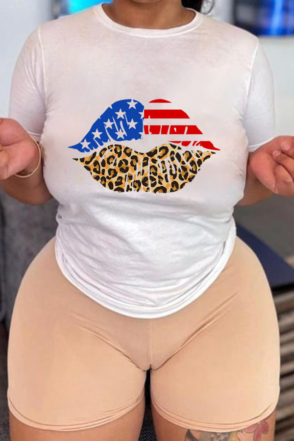 White Fashion Casual Lips Printed Basic O Neck T-Shirts