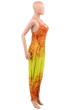 Red Yellow Casual Gradual Change Patchwork Spaghetti Strap Harlan Jumpsuits