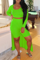 Fluorescent Green Casual Solid Split Joint U Neck Three Pieces