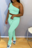 Mint green Casual Solid Split Joint One Shoulder Sleeveless Two Pieces