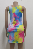 Colour Sexy Print Split Joint O Neck Pencil Skirt Dresses