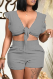 Pink Sexy Solid Flounce V Neck Sleeveless Two Pieces