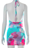 Multicolor Sexy Print Backless Halter Pencil Skirt Dresses
