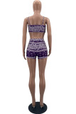 Purple Sexy Print Patchwork Backless Spaghetti Strap Sleeveless Two Pieces
