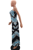 Blue Sexy Print Patchwork Spaghetti Strap Straight Dresses