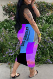 Blue Fashion Casual Print Hollowed Out Patchwork O Neck Sleeveless Two Pieces