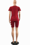 Red Sexy Solid Ripped Bandage O Neck Short Sleeve Two Pieces