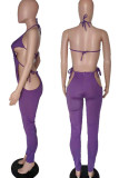 Rose Red Sexy Solid Hollowed Out Patchwork Frenulum Backless Halter Skinny Jumpsuits
