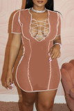 White Fashion Sexy Solid Hollowed Out Patchwork V Neck Short Sleeve Dress