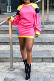 Pink Casual Solid Patchwork O Neck Straight Dresses