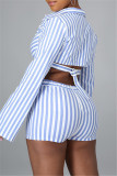Green Fashion Casual Striped Print Patchwork Turndown Collar Long Sleeve Two Pieces