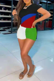 Red Casual Color Block Patchwork O Neck Short Sleeve Two Pieces