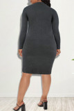 Pink Fashion Casual Solid Slit Turndown Collar Long Sleeve Dresses
