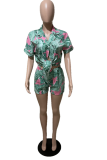 Red Casual Print Patchwork Turndown Collar Short Sleeve Two Pieces