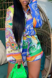 Blue Casual Print Patchwork Turndown Collar Long Sleeve Two Pieces