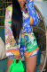 Blue Casual Print Patchwork Turndown Collar Long Sleeve Two Pieces