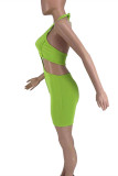 Fluorescent Green Fashion Sexy Solid Hollowed Out Backless Halter Skinny Romper