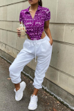 Red Casual Print Patchwork Turndown Collar Tops