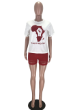 Red Casual Print Patchwork O Neck Short Sleeve Two Pieces