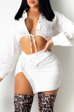 Black Sexy Solid Slit Turndown Collar Long Sleeve Two Pieces