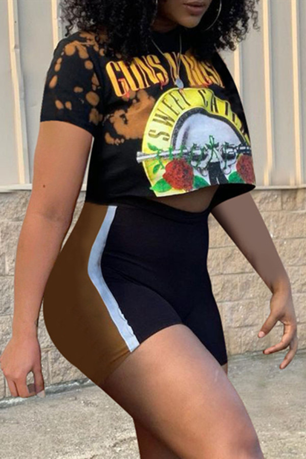 Brown Fashion Casual Print Patchwork O Neck Short Sleeve Two Pieces