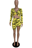Yellow Sexy Print Patchwork V Neck Pencil Skirt Dresses