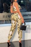 Gold Sexy Casual Print Backless Spaghetti Strap Sleeveless Two Pieces