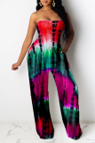 Red Sexy Patchwork Tie-dye Strapless Loose Jumpsuits