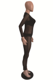 Black Sexy Solid Mesh O Neck Skinny Jumpsuits