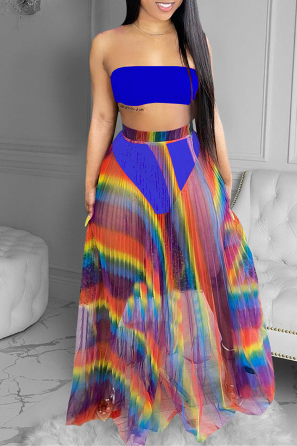 Blue Fashion Sexy Print See-through Backless Strapless Sleeveless Two Pieces
