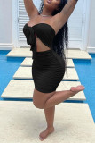 Pink Fashion Sexy Solid Hollowed Out Backless Strapless Sleeveless Dress