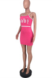 Pink Fashion Sexy Letter Print Backless Spaghetti Strap Sleeveless Dress