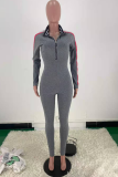 Grey Sexy Casual Solid Zipper Collar Skinny Jumpsuits