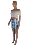 Blue White Sexy Casual Plaid Print Backless Off the Shoulder Short Sleeve Two Pieces