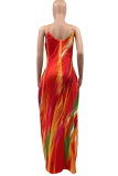 Red Sexy Print Patchwork Spaghetti Strap Straight Dresses