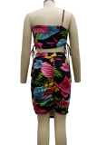 White Sexy Print Patchwork One Shoulder Sleeveless Two Pieces