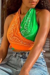 Orange Green Fashion Sexy Print Split Joint Backless Halter Tops