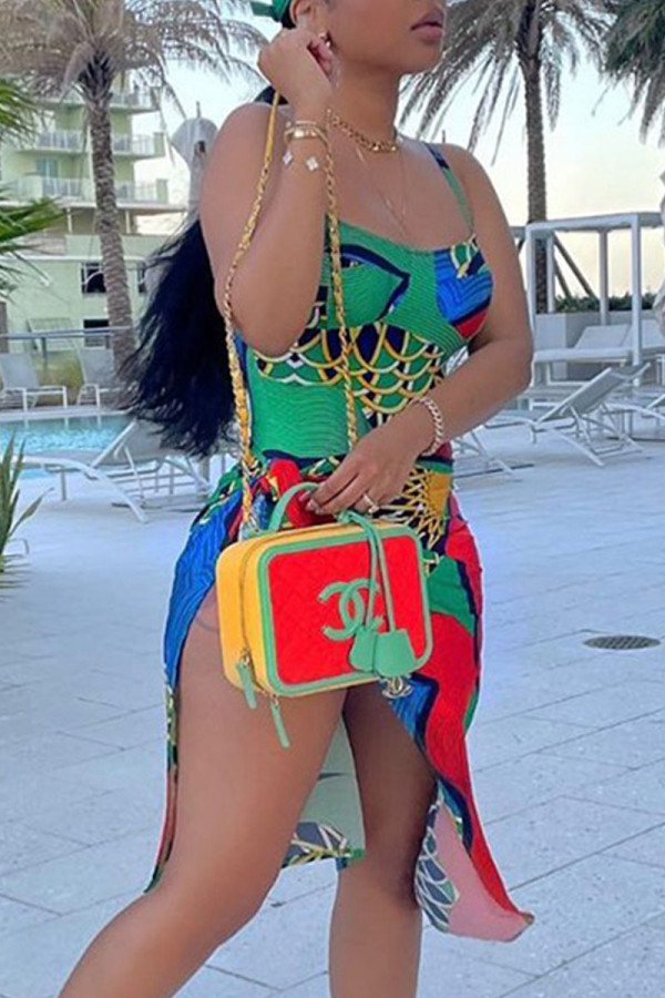 Green Sexy Print Patchwork High Opening Spaghetti Strap A Line Dresses