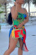 Green Sexy Print Patchwork High Opening Spaghetti Strap A Line Dresses