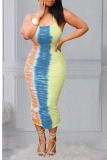 Yellow And Blue Sexy Print Patchwork Spaghetti Strap Pencil Skirt Dresses