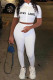 White Fashion Casual Letter Embroidered Zipper Collar Short Sleeve Two Pieces