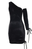 Black Sexy Solid Hollowed Out Backless One Shoulder Irregular Dress