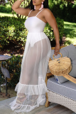 White Sexy Solid Flounce Mesh Swimwears