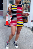 Red Sexy Striped Patchwork O Neck Pencil Skirt Dresses